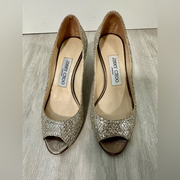 Jimmy Choo Open Toe Champagne Metallic Silver Heels Sz 34 - Picture 1 of 12